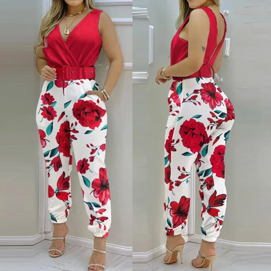 Summer Elegant Women Jumpsuits Office Lady Sexy V-neck Sleeveless Print Jumpsuits New Fashion With Belt Vest Playsuit Streetwear