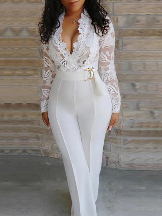 White Jumpsuits For Woman Lace Stitching Long Sleeve V-neck Wide Leg Pants With Belt Lady Romper Mono Women's Clothing Offers