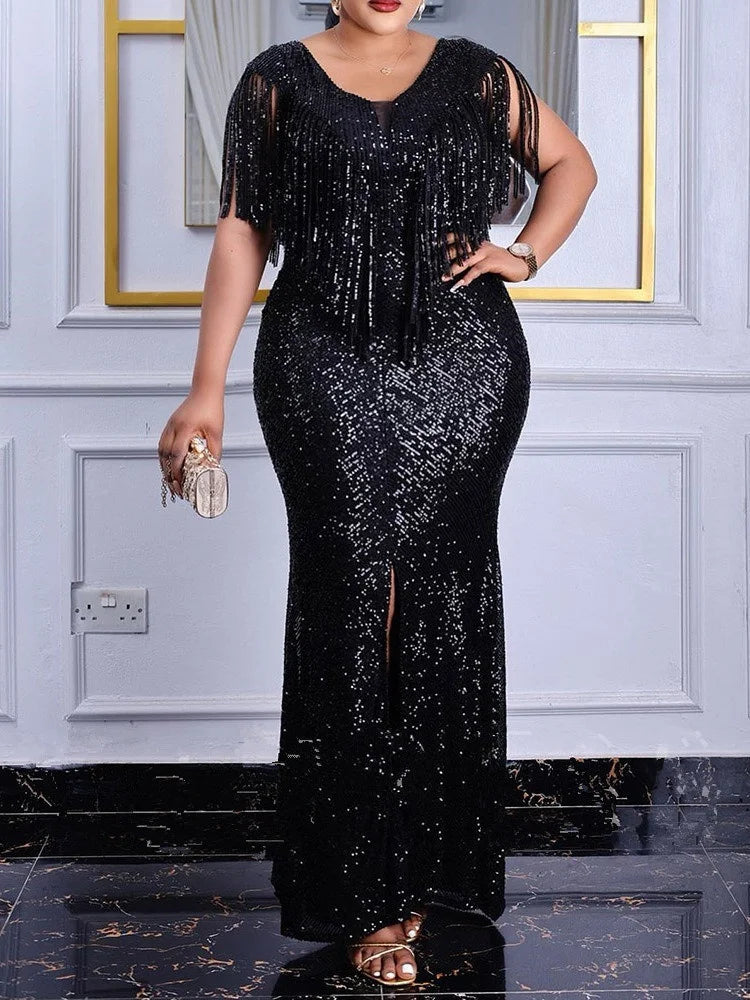 Plus Size Women Wedding Party Dresses Fashion Strapless Mesh Splicing Elegant Sequins Summer Dress Large Lady Evening Dresses