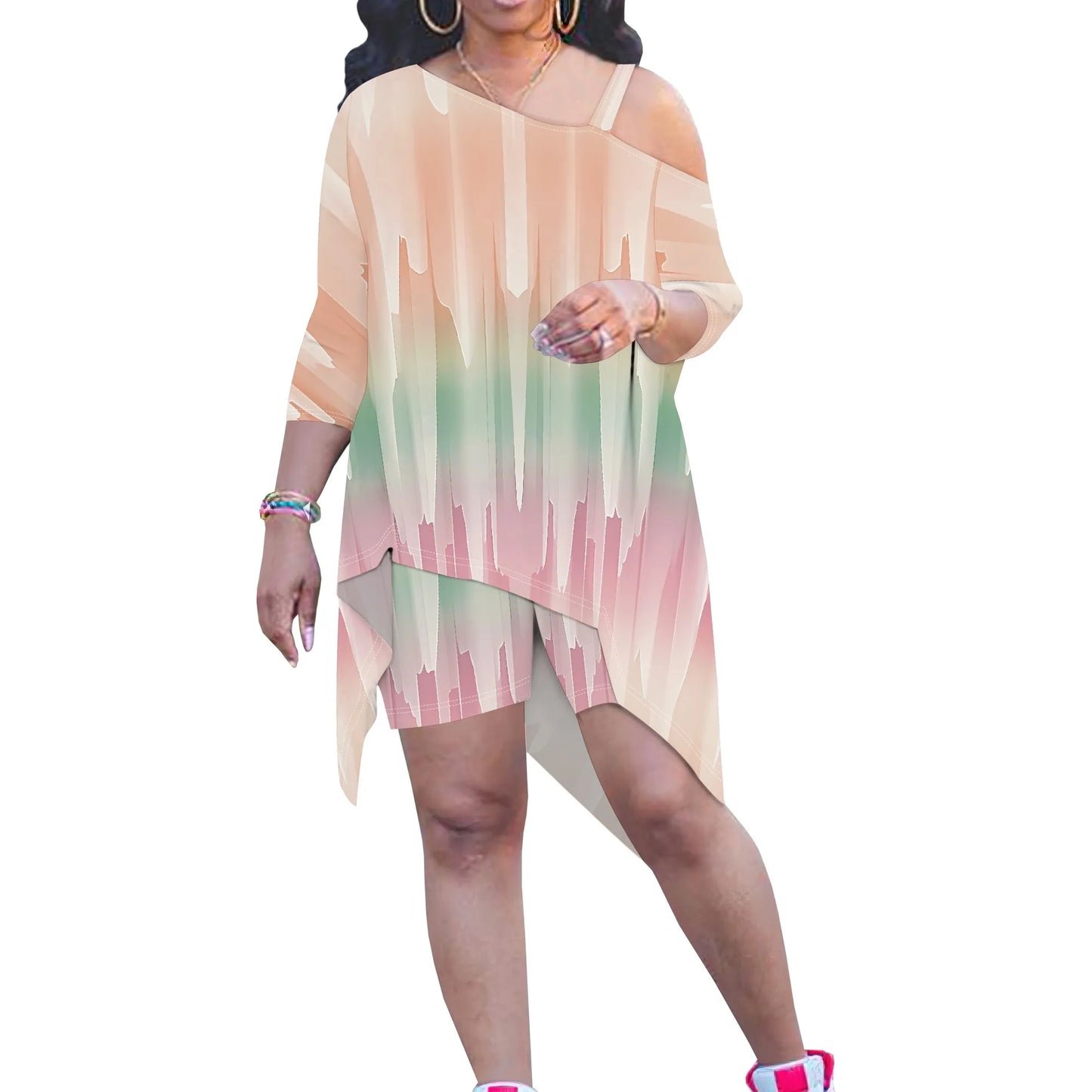Plus Size Women Irregular Two Piece Set Orange and Green Abstract Print Top and Shorts Casual Set