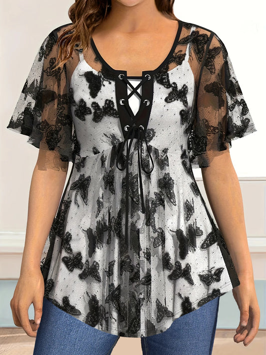 Casual Butterfly Lace-Up Sheer Top
