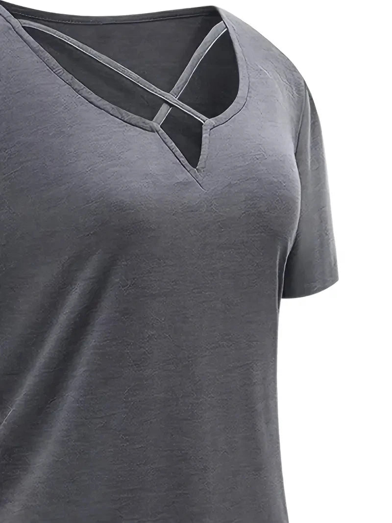 Plus Size Women's T-shirt Fashion Solid Short Sleeve V-Neck T-shirt Top Summer Comfortable Breathable Cross Casual Loose T-shirt