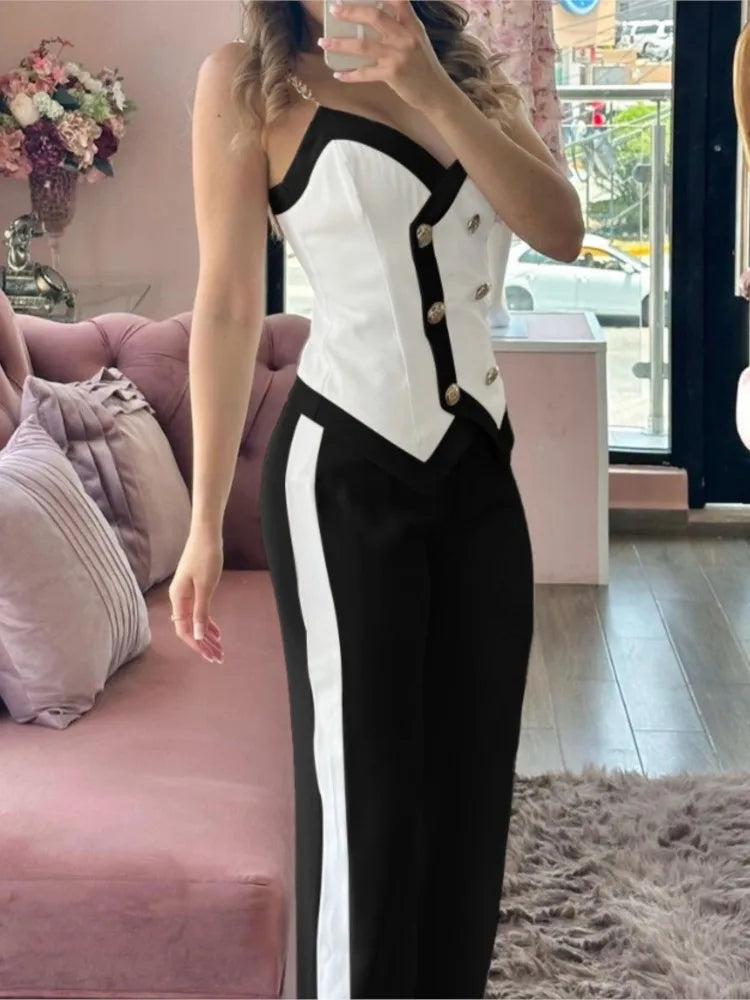 Sexy Women's 2-Piece Suit Summer Fashion Double Breasted Chain Strap Slim Top Straight Leg Long Pants Set For Women Sports Suit