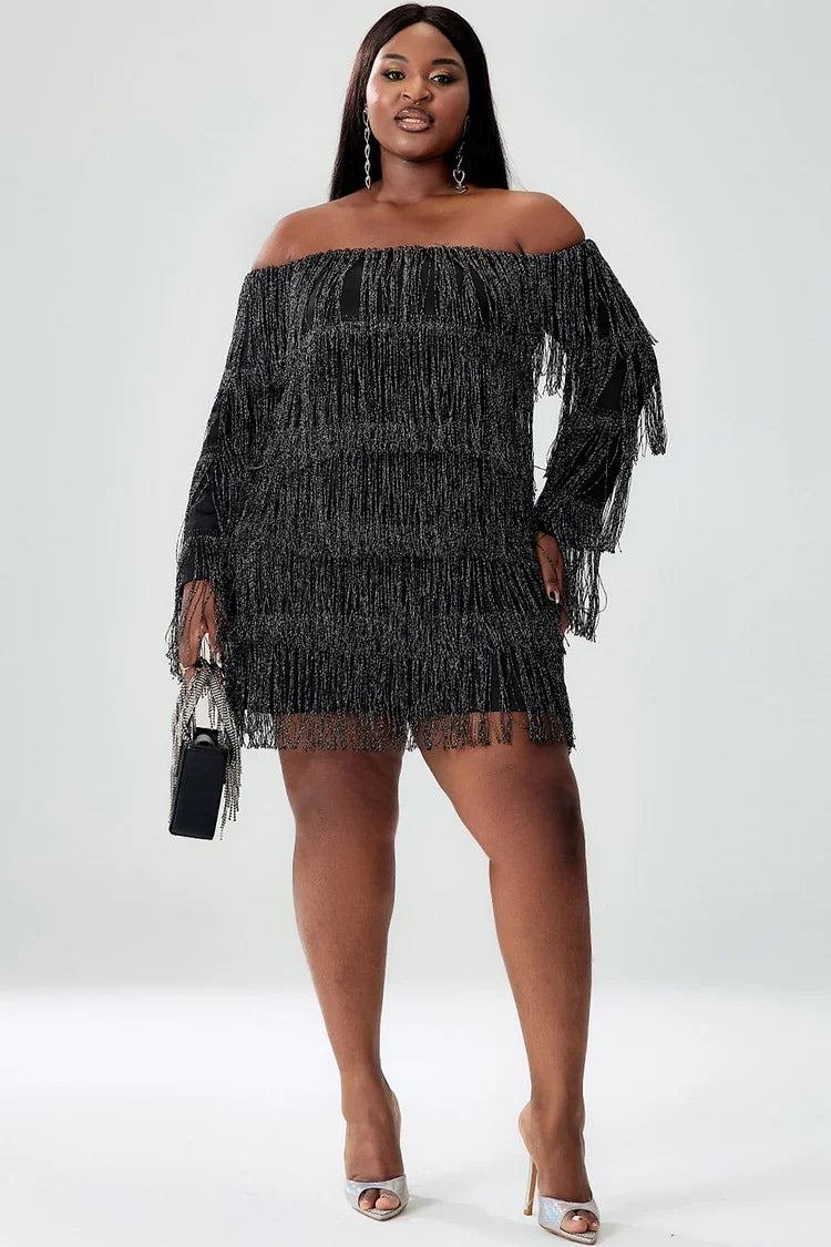 Plus Size Homecoming Dress Black Off The Shoulder Fringe Mini Party Dress