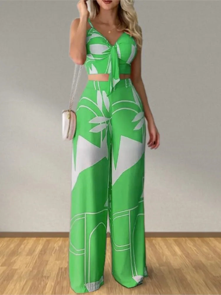 Elegant Two Piece Outfits For Women 2025 Sexy V-Neck Strap Backless Lace-up Slim Crop Top & Wide Leg Pants Sets Summer Lady Suit