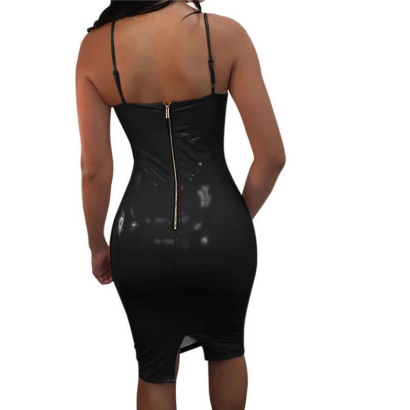 Large Size Dresses For Women 4XL 5XL 6XL Wetlook PU Dress Sexy Black Split Bodycon Party Club Leather Dresses Midi Vestidos Ddlg
