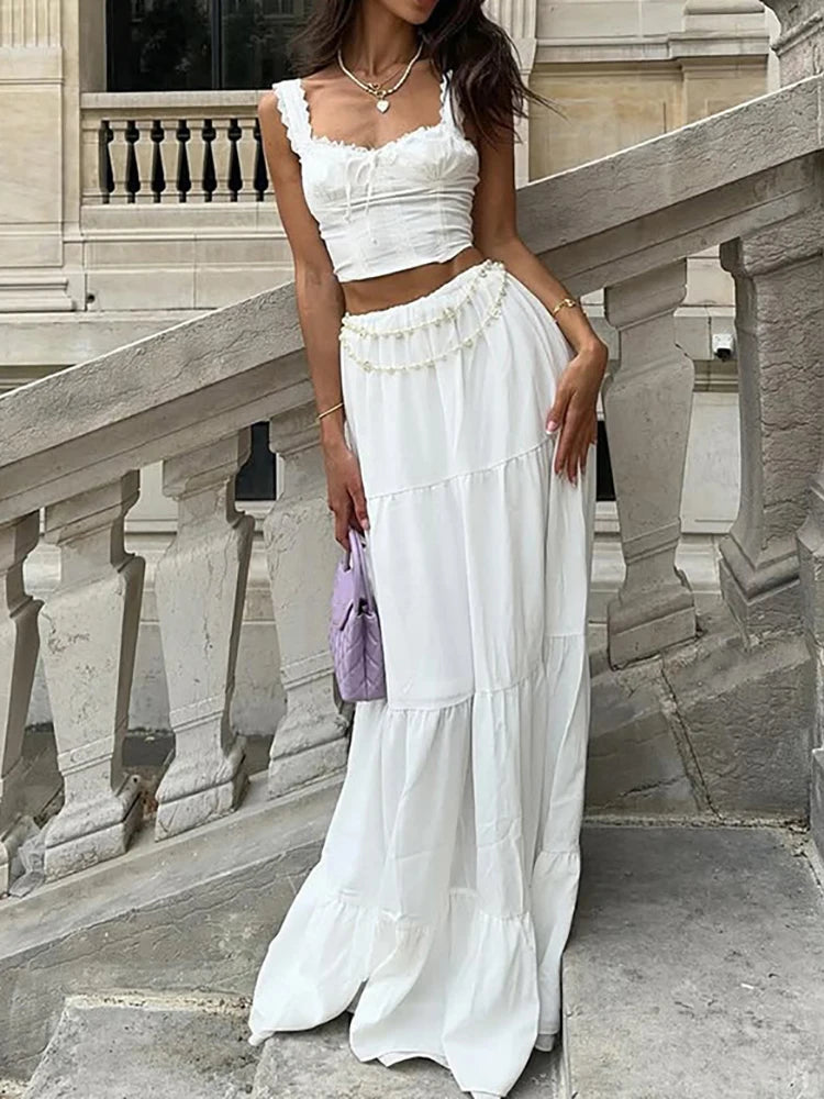 Summer Sexy Women Beach Skirt Two Piece Set Pink Slim Short Tops And Skirt Matching Suit Femme Party Club Skirt Outfit 2PCS Sets