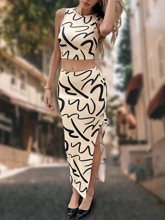 2pcs Women's Casual Set Summer New Lady Sleeveless Tank Top Slant Split Long Skirt Fashion Printed Sexy Slim Trendy Street Wear