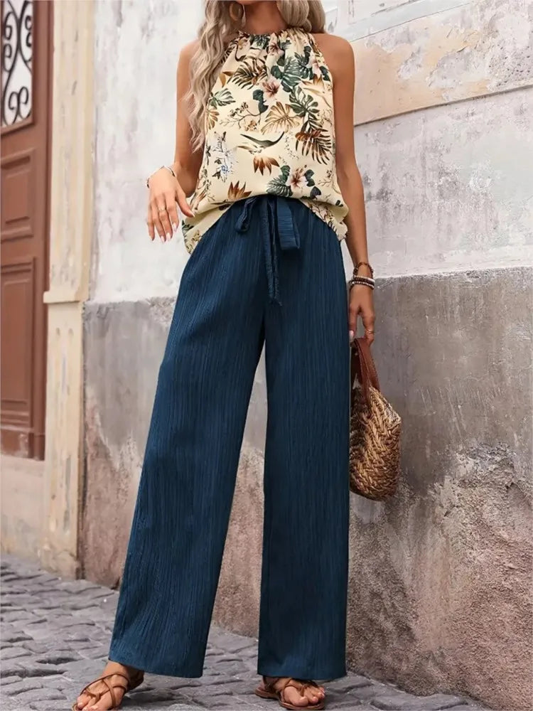 Fashion Printed Sleeveless Top Pants Two-piece Set For Spring Summer New Sexy Hanging Neck Vest Pants Women's Set