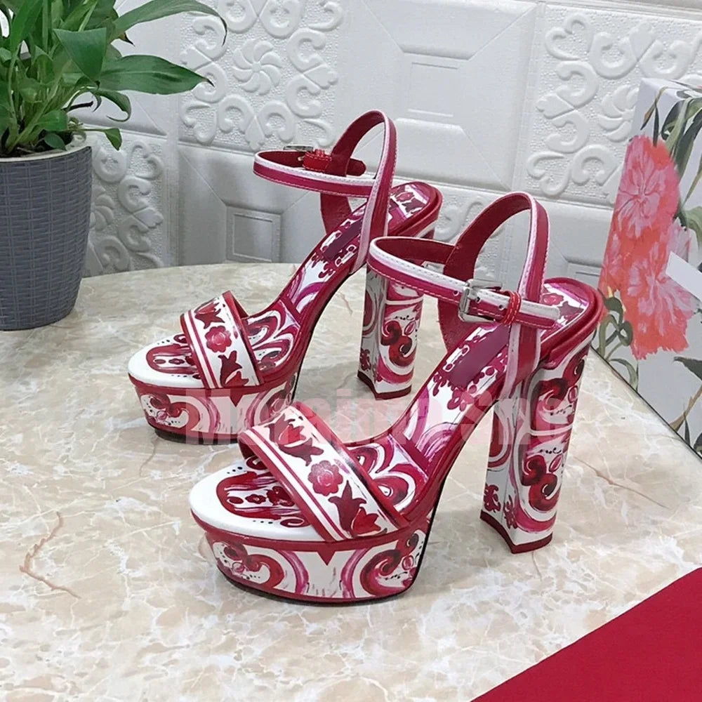 Luxury Printed Platform Sandals Round Open Toe Block High Heeled Ankle Buckle Strap Sexy Fashion Women's Summer Shoes Banquet