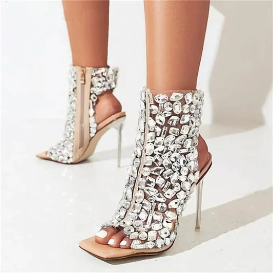 Brand Design 2023 New Crystal/rivet Zipper Sandals Stage Banquet Nightclub High Heels Women Shoes Apricot Silver Dress Matching