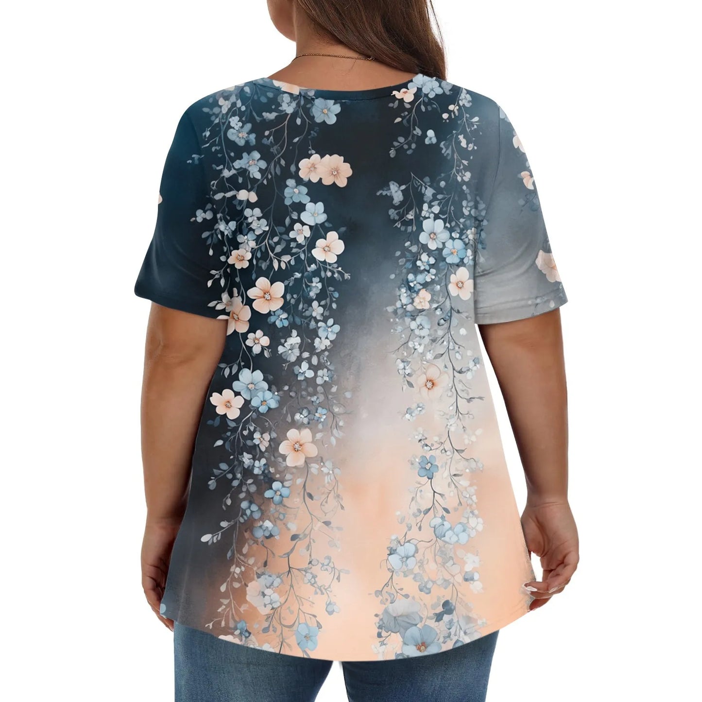 Plus size summer loose t shirt women's fashion casual v neck pullover short sleeve large size floral printed t-shirts top