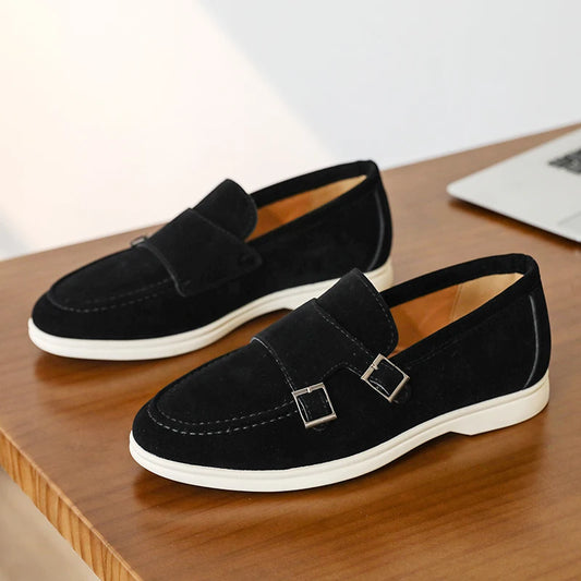 Suede Leather Men's Business Casual Shoes Handmade Double Buckle Loafers Leisure Slip on Flats Outdoor Male Driving Moccasins