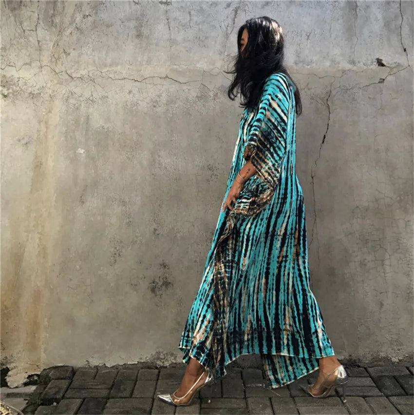 Plus Size Boho Cover Up Dress, Women's Plus Colorblock Floral Print Bat Sleeve V Neck Slight Stretch Split Cover Up Dress