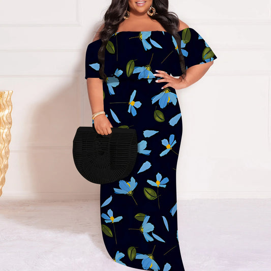 Plus Size Elegant Off Shoulder Dress for Women Blue Floral Print Summer Holiday Look