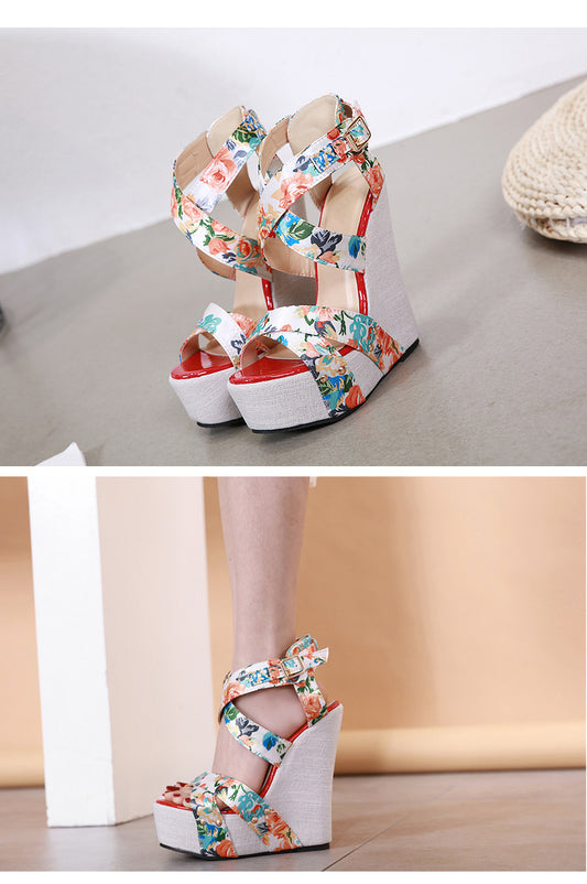 Aneikeh Women Wedges Sandals Summer Platform Sandals High Heels Shoes Ankle Strap Designer Silk Print Footwear Sandals Pumps