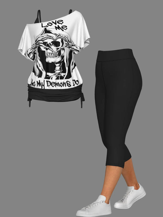 Two Piece Gothic Skull One Shoulder Set