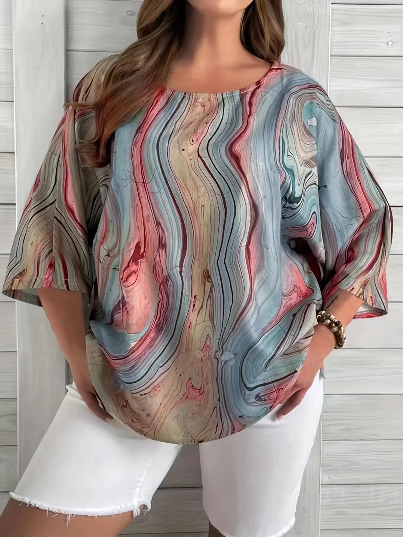 Plus Size Women's Round Neck T-Shirt - Elegant Short Sleeve Top Comfortable Woven Fabric for Spring and Summer