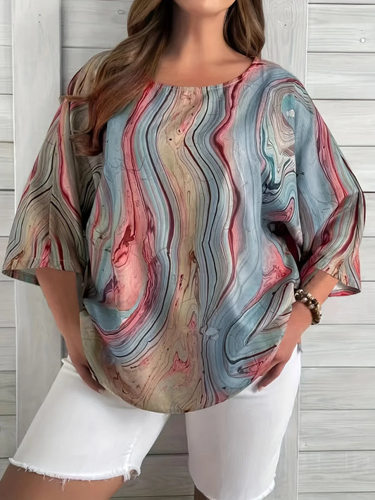 Plus Size Women's Round Neck T-Shirt - Elegant Short Sleeve Top Comfortable Woven Fabric for Spring and Summer
