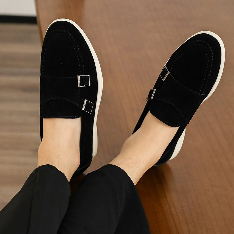 Suede Leather Men's Business Casual Shoes Handmade Double Buckle Loafers Leisure Slip on Flats Outdoor Male Driving Moccasins