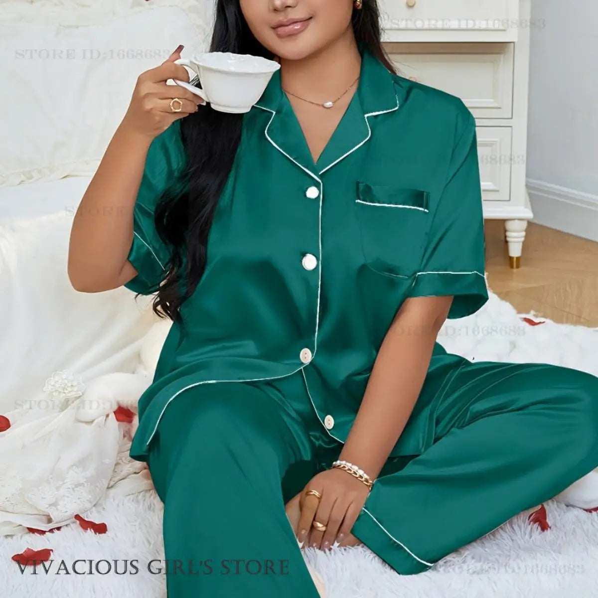 Plus Size 3XL 4XL 5XL Women's Sleepwear Pajamas Set Spring Summer Short Sleeve Trouser Suits Loungewear Loose Satin Homewear