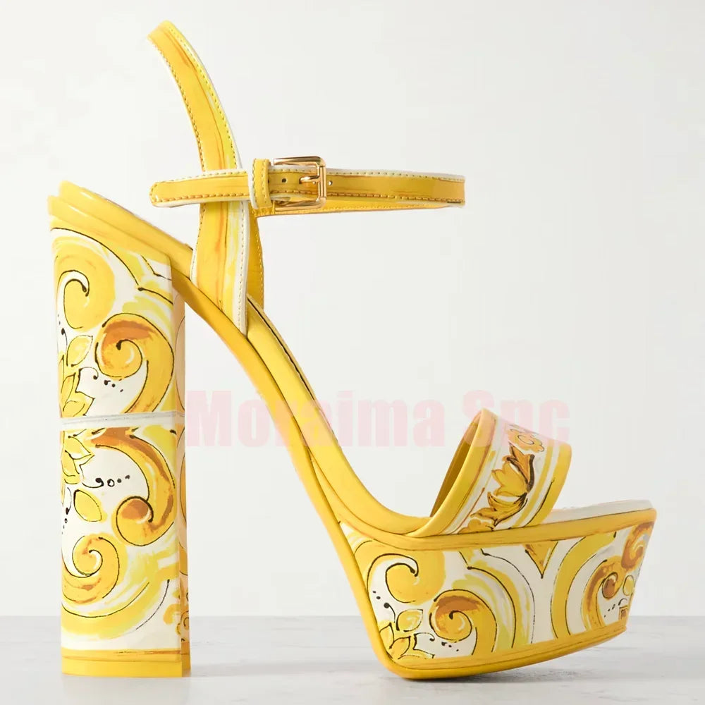 Luxury Printed Platform Sandals Round Open Toe Block High Heeled Ankle Buckle Strap Sexy Fashion Women's Summer Shoes Banquet