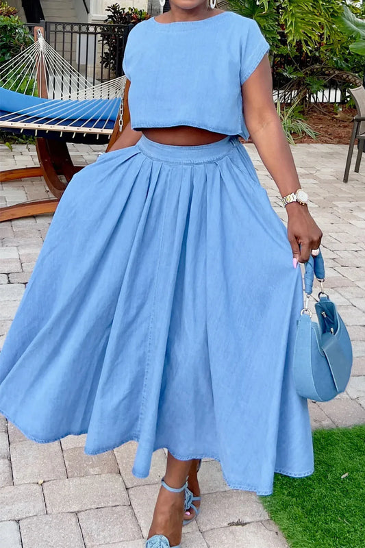 Denim Two Piece Skirt Set