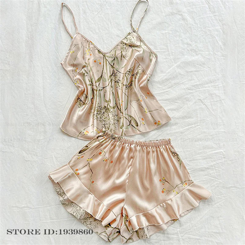 Plus Size 3XL 4XL 5XL Pajamas 2Pcs Set Sexy Strap Top&shorts Pijamas Suit Lingerie Summer Satin Sleepwear Print Flower Homewear