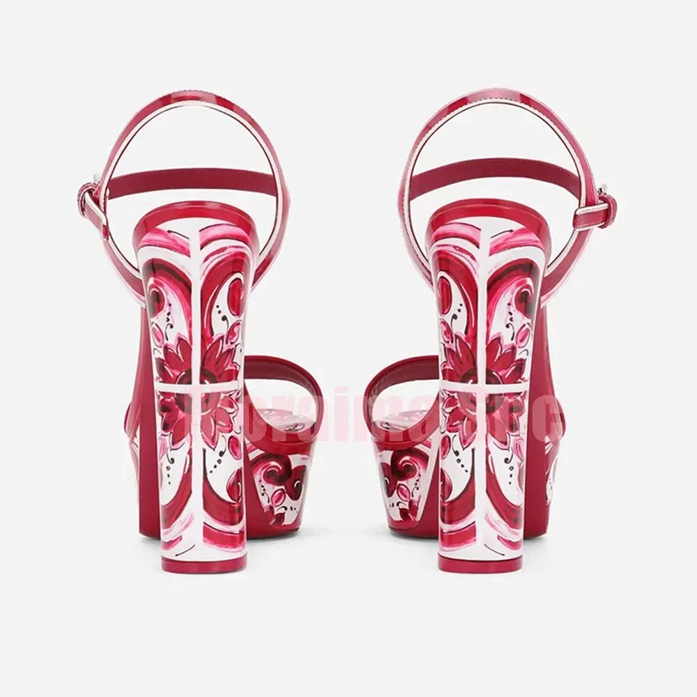 Luxury Printed Platform Sandals Round Open Toe Block High Heeled Ankle Buckle Strap Sexy Fashion Women's Summer Shoes Banquet