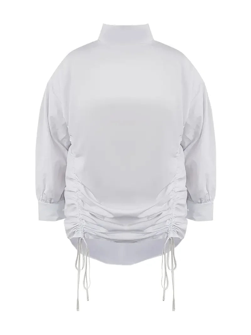 LW Plus Size Dresses Half A Turtleneck Fold Design Shirt Dress Lantern Sleeve Loose Mock Neck Straight Drawstring Women dress