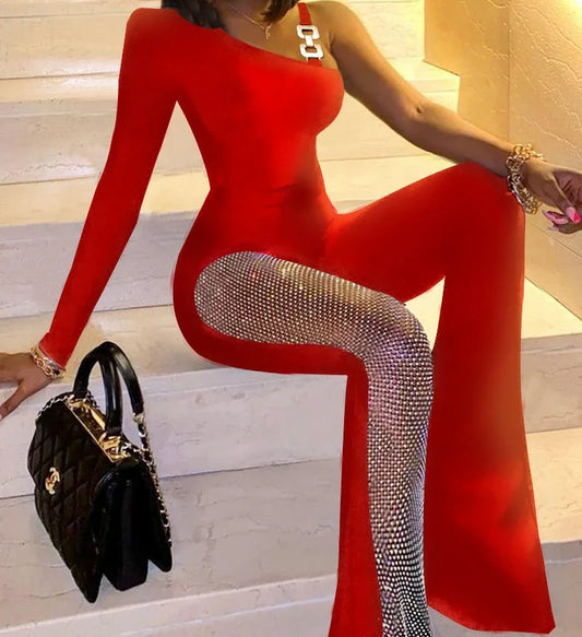 Jumpsuits for Women Fashion Rhinestone Fishnet Patch Flared Leg Rompers Overalls Sexy Nightclub Outfits Clubwear 2023 Autumn New
