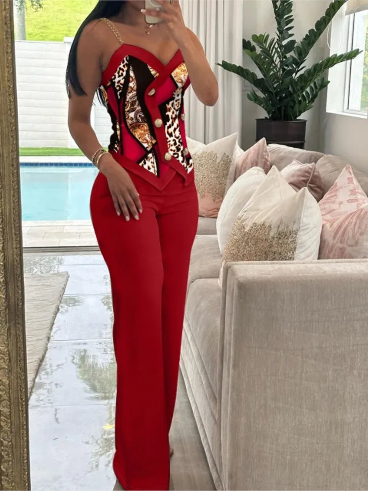 Sexy Women's 2-Piece Suit Summer Fashion Double Breasted Chain Strap Slim Top Straight Leg Long Pants Set For Women Sports Suit
