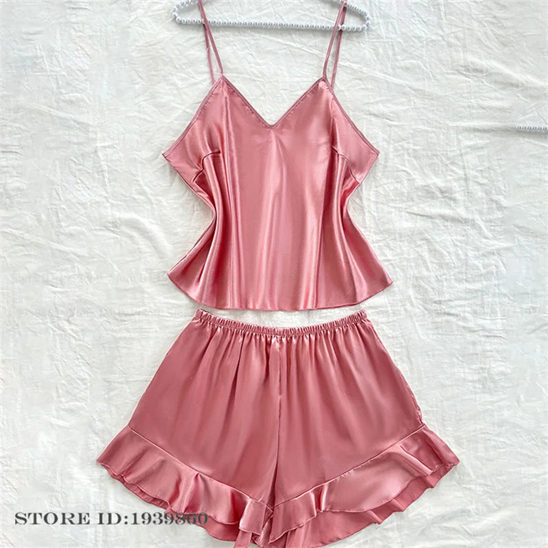 Plus Size 3XL 4XL 5XL Pajamas 2Pcs Set Sexy Strap Top&shorts Pijamas Suit Lingerie Summer Satin Sleepwear Print Flower Homewear
