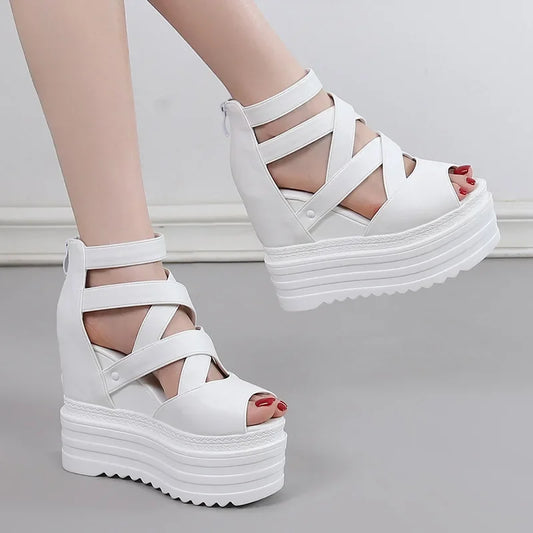 High Heeled Wedge Sandals 13CM Waterproof Platform Muffin Thick Bottom Cross with Fish Mouth Shoes New Inner Increase High Heels