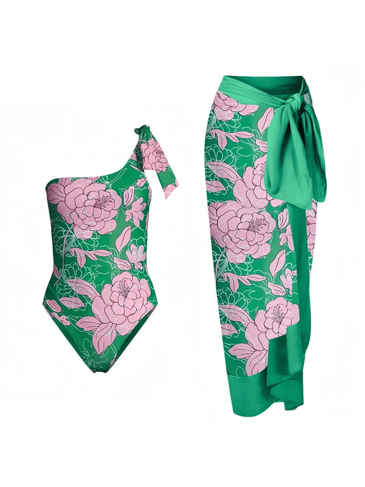 Two Pieces Set Woman Swimsuits 2025 Trend Printed One-piece Swimsuit Sexy Hollowed Out High Waisted Bikini for Beach Vacation