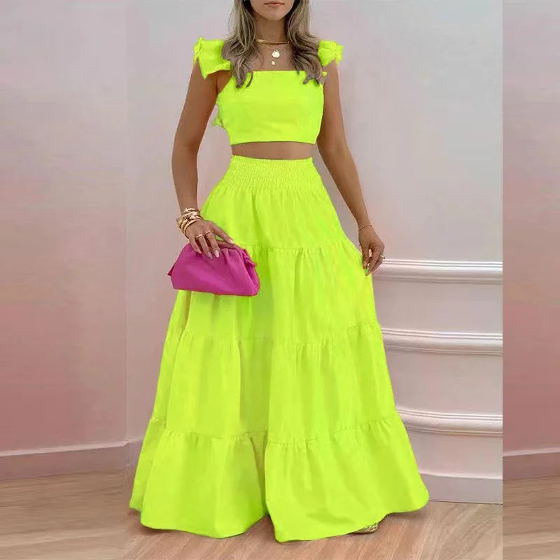 Dress Set Two-piece Women's Clothing Solid Color Sexy Suspender Large Swing Skirt Short Sleeved Square Neck Top Summer Outfits
