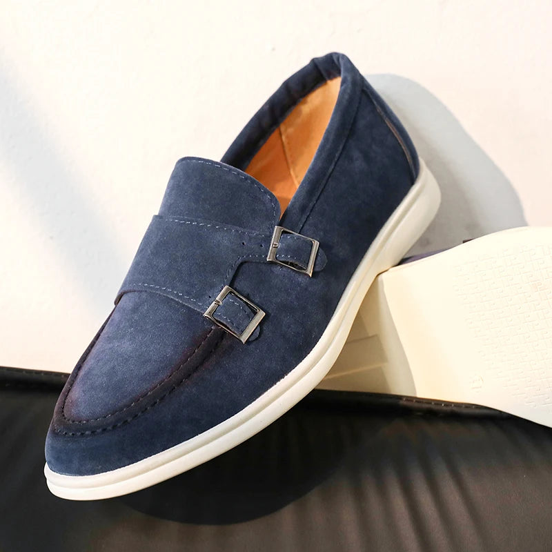 Suede Leather Men's Business Casual Shoes Handmade Double Buckle Loafers Leisure Slip on Flats Outdoor Male Driving Moccasins