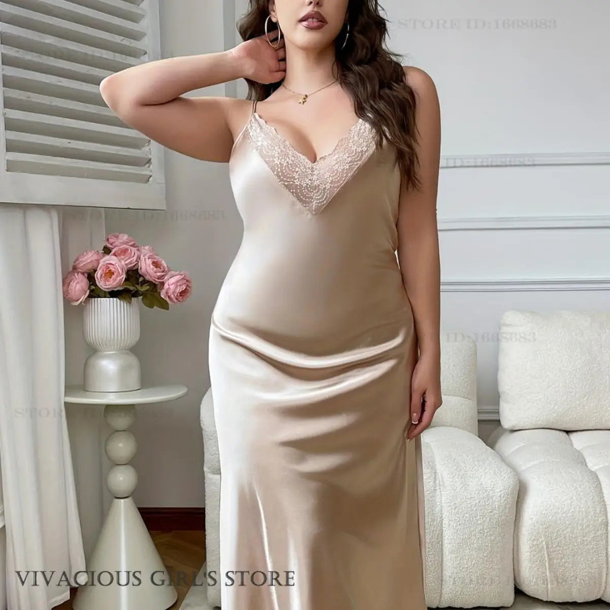Plus Size 3XL-5XL Long Nightgown Female Chemise Sleepwear Homedress Sexy Lace Suspender Nightdress Lingerie Silk Satin Homewear