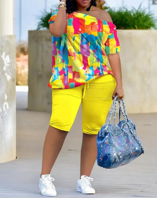 Womens Two Piece Sets Outfit Colors All Over Print Skew Neck Top  Shorts Set New Fashion 2024 Summer Casual Loose Female Suits