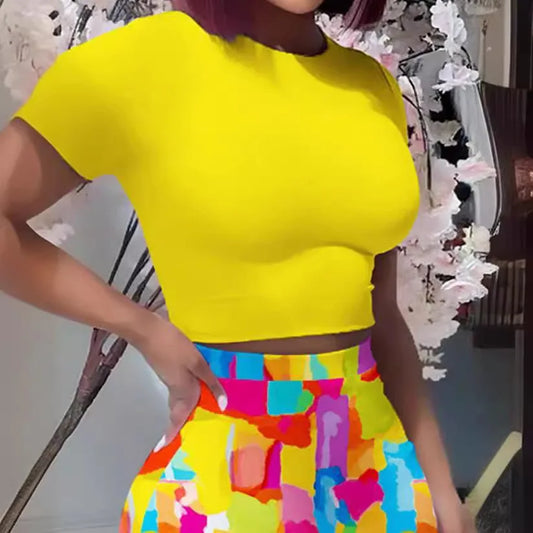 2 Piece Short Sleeve & High Waist Skirt Set