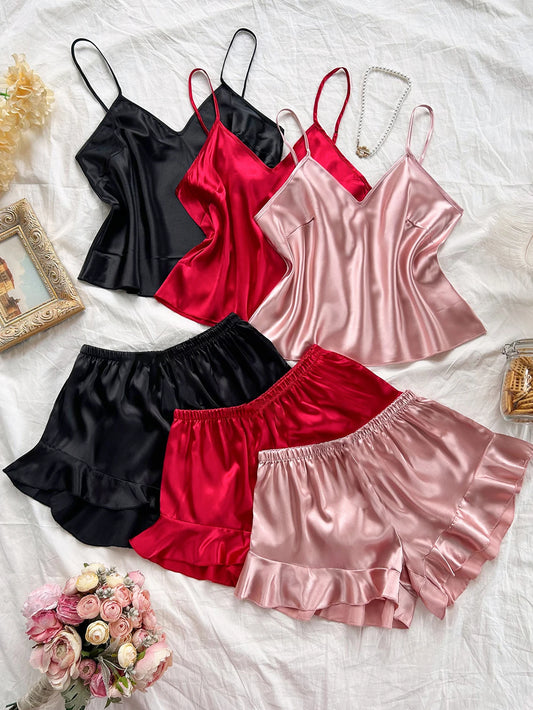 Plus Size Women's Fashion Sexy V-neck halter top with ruffled Shorts Pajama Set 2pcs