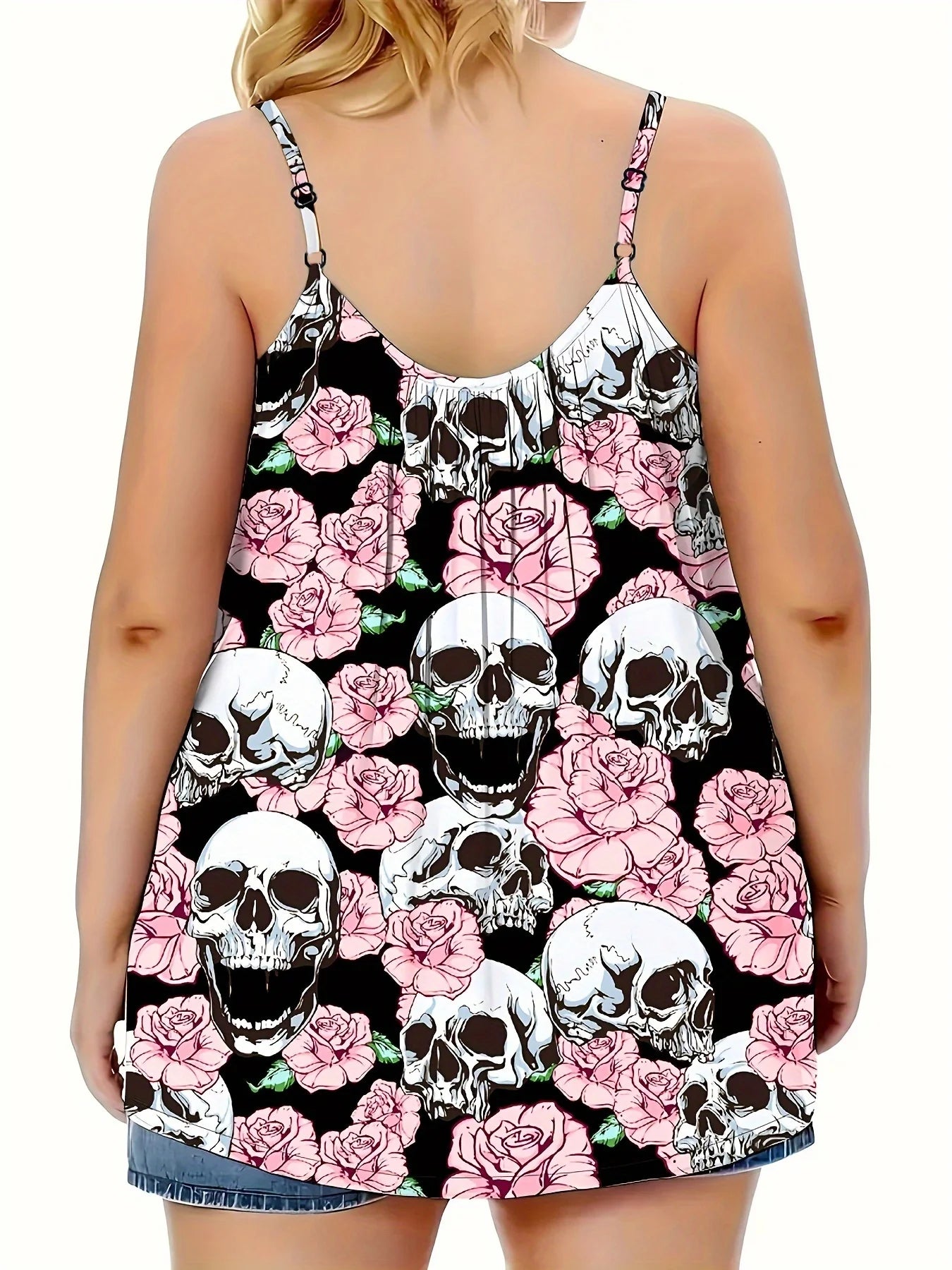 Plus Size Women's Sleeveless T-Shirt - 2025 Summer Skull Print Loose Fit Tank, Gothic Y2K Streetwear Top for Curvy (1XL-5XL)