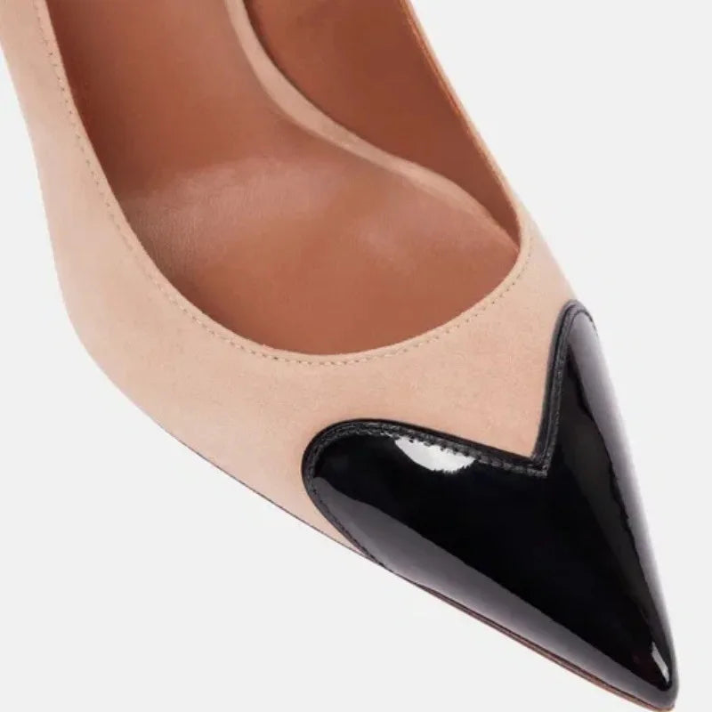 High-heeled shoes spring pointed shallow suede heart-shaped patent leather stitching single shoes banquet large size women shoes