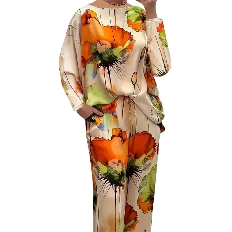 Plus Size 1XL-5XL Women Relaxed Fashion Floral Print Round Neck Top Long Pants Sets Ladies Casual Two-pieces Sets