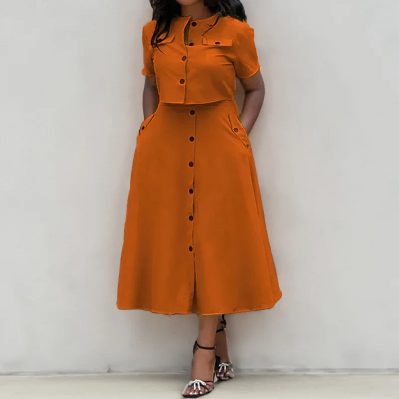 Women Top Skirt Sets Summer Short Sleeve O-Neck Button Shirt + Midi Skirts Two 2 Piece Setss 2024 Elegant Office Ladies Suits