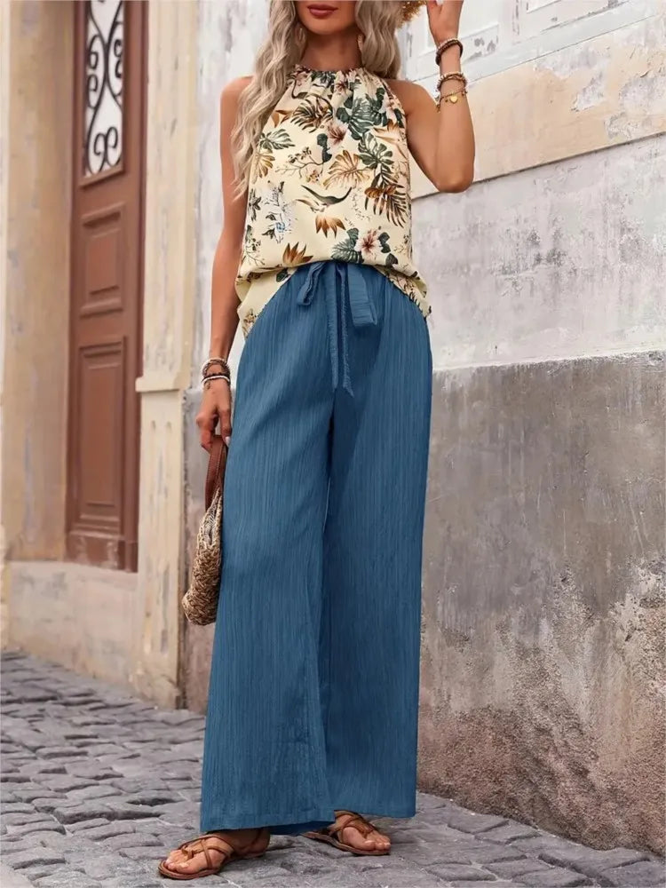 Fashion Printed Sleeveless Top Pants Two-piece Set For Spring Summer New Sexy Hanging Neck Vest Pants Women's Set