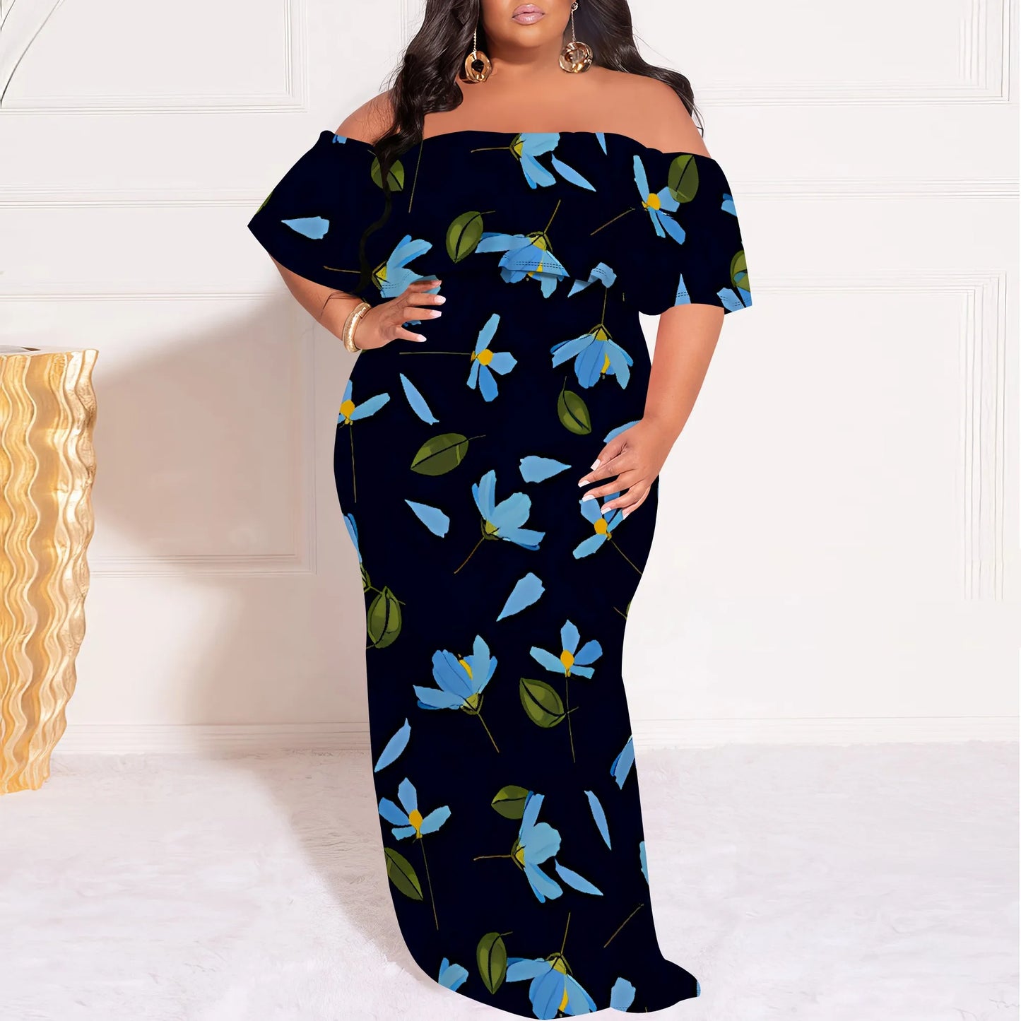 Plus Size Elegant Off Shoulder Dress for Women Blue Floral Print Summer Holiday Look