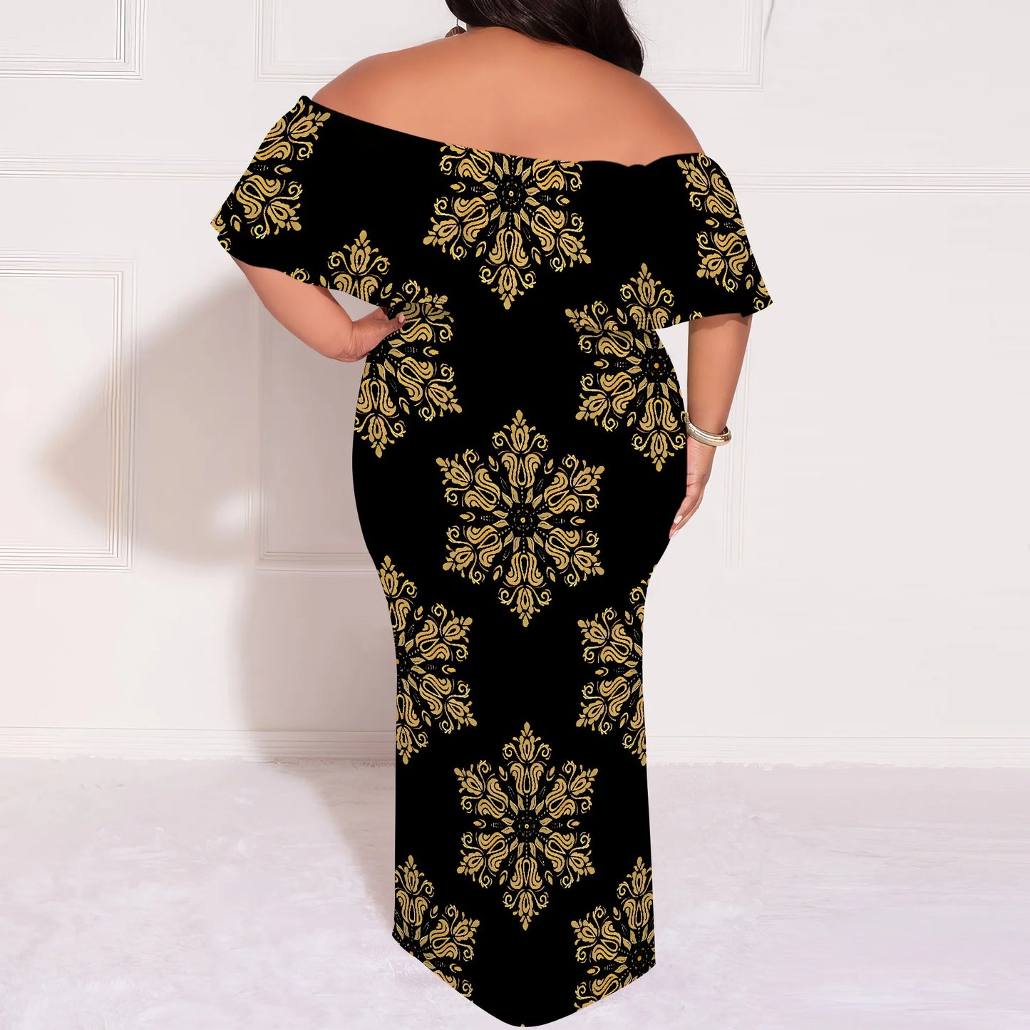 Plus Size Elegant Off Shoulder Dress for Women African Inspired Pattern Long Evening Gown