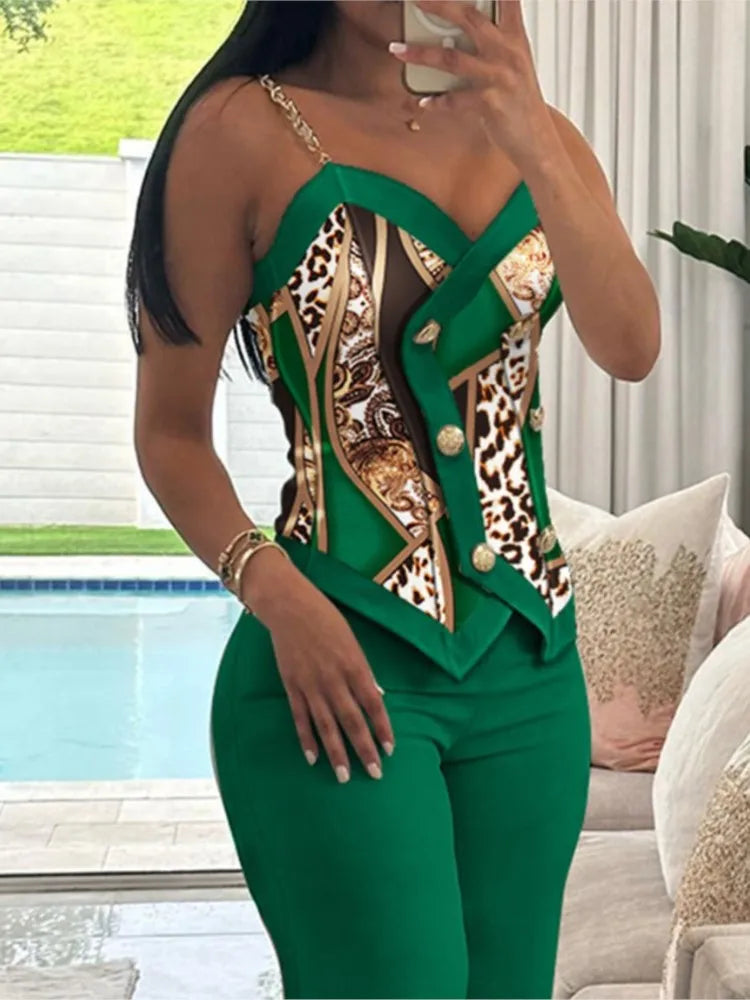 Sexy Women's 2-Piece Suit Summer Fashion Double Breasted Chain Strap Slim Top Straight Leg Long Pants Set For Women Sports Suit