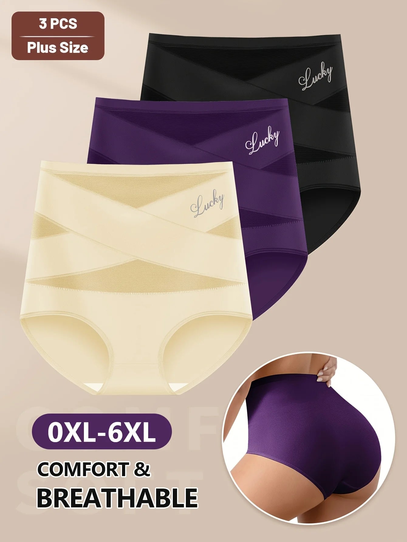 Set of 3 Plus-Size High-Waisted Shaping Panties for Women, Made of Breathable Mesh with Cross-Shaping Design, Seamless, And